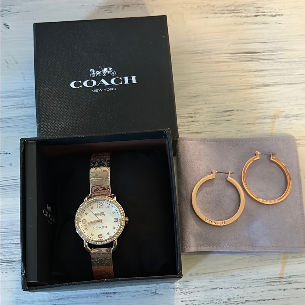 Coach Womens Gold Watch and Hoop Earrings Set